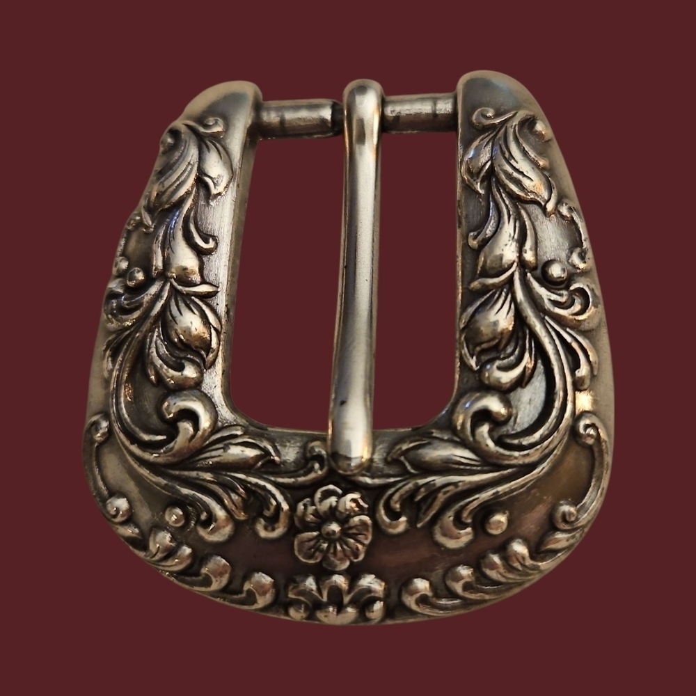 Vintage Ornate Floral Silvertone Western Boho Belt Buckle